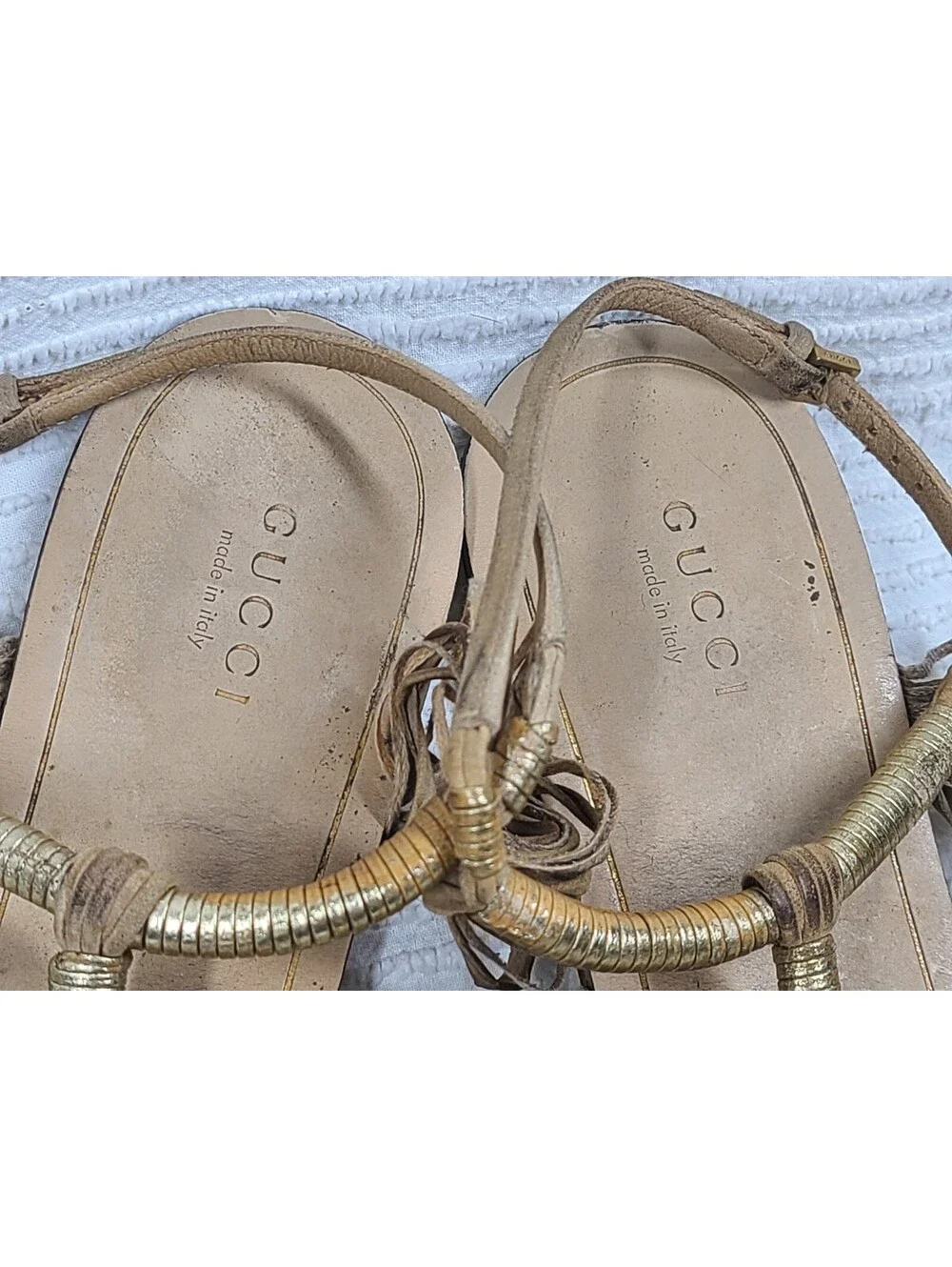 Gucci Suede Rattan Sandals Wrapped Gold Ankle Buckle 39.5 9.5 AsIs Worn